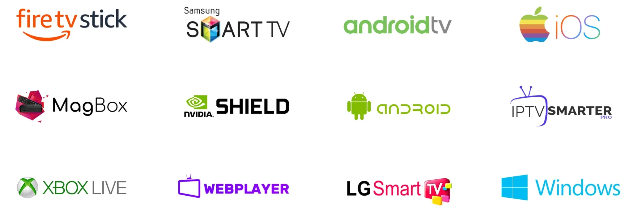 Logos of the platforms and devices that run the free players for Premium IPTV UK
